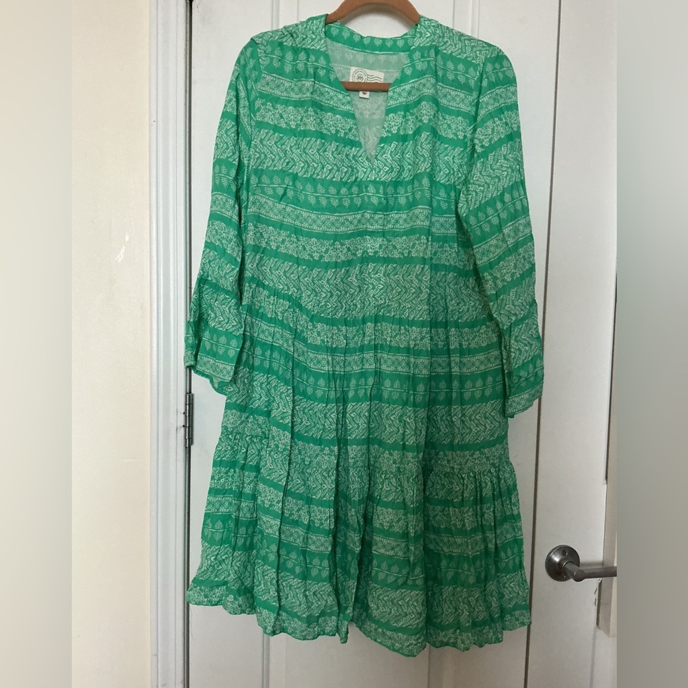 QVC Destination 365 Green and White Patterned Dress New Without Tags Large NWOT - Picture 2 of 7